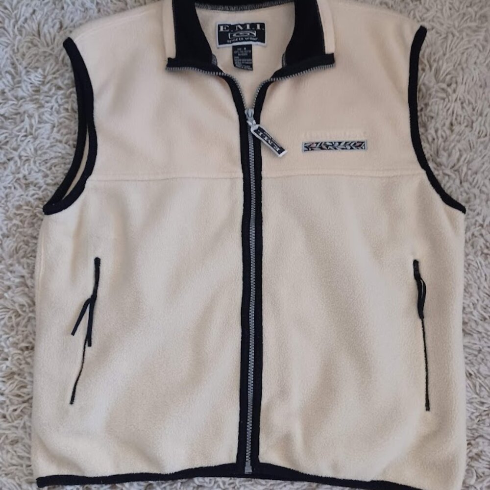 Kennebunkport Women’s Fleece Vest M Beige Floral Trim Full Zip EMI Sportswear